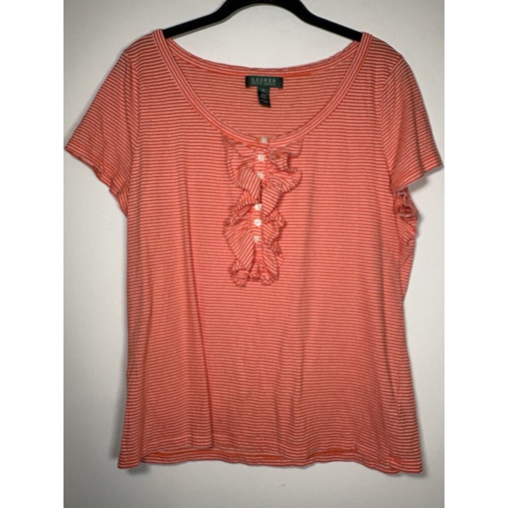 LAUREN RALPH LAUREN Stripped Ruffle Front Short Sleeve Cotton Top Size XL Orange